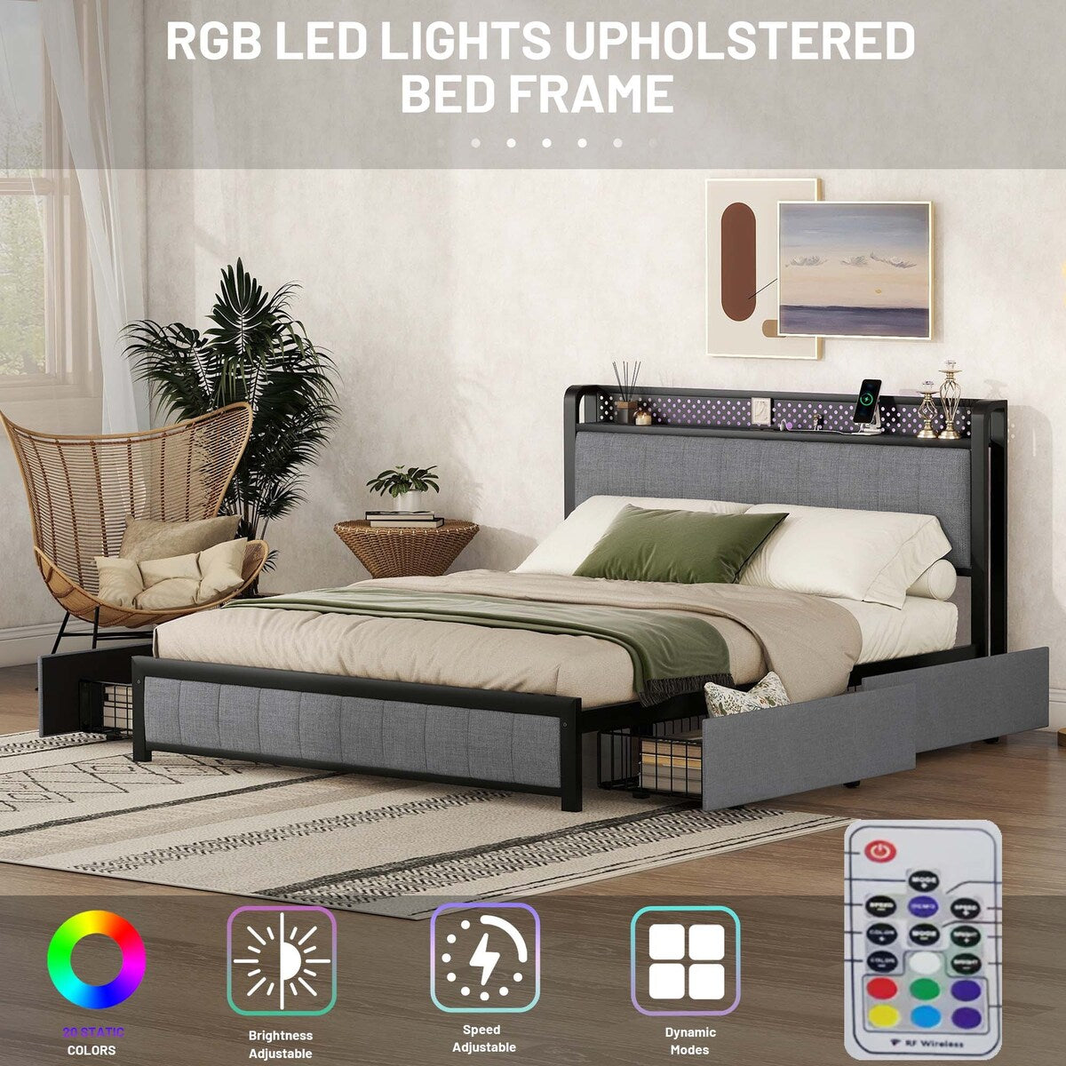 Queen Bed Frame with LED Headboard,4 Storage Drawers and USB Ports