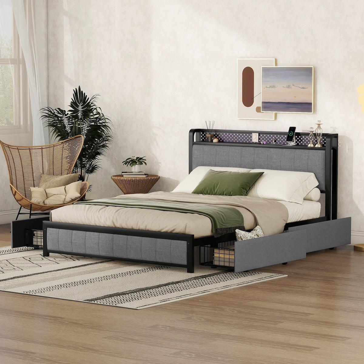 Queen Bed Frame with LED Headboard,4 Storage Drawers and USB Ports