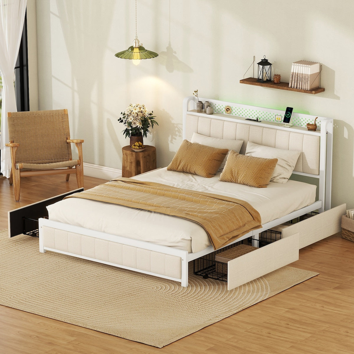Queen Bed Frame with LED Headboard,4 Storage Drawers and USB Ports