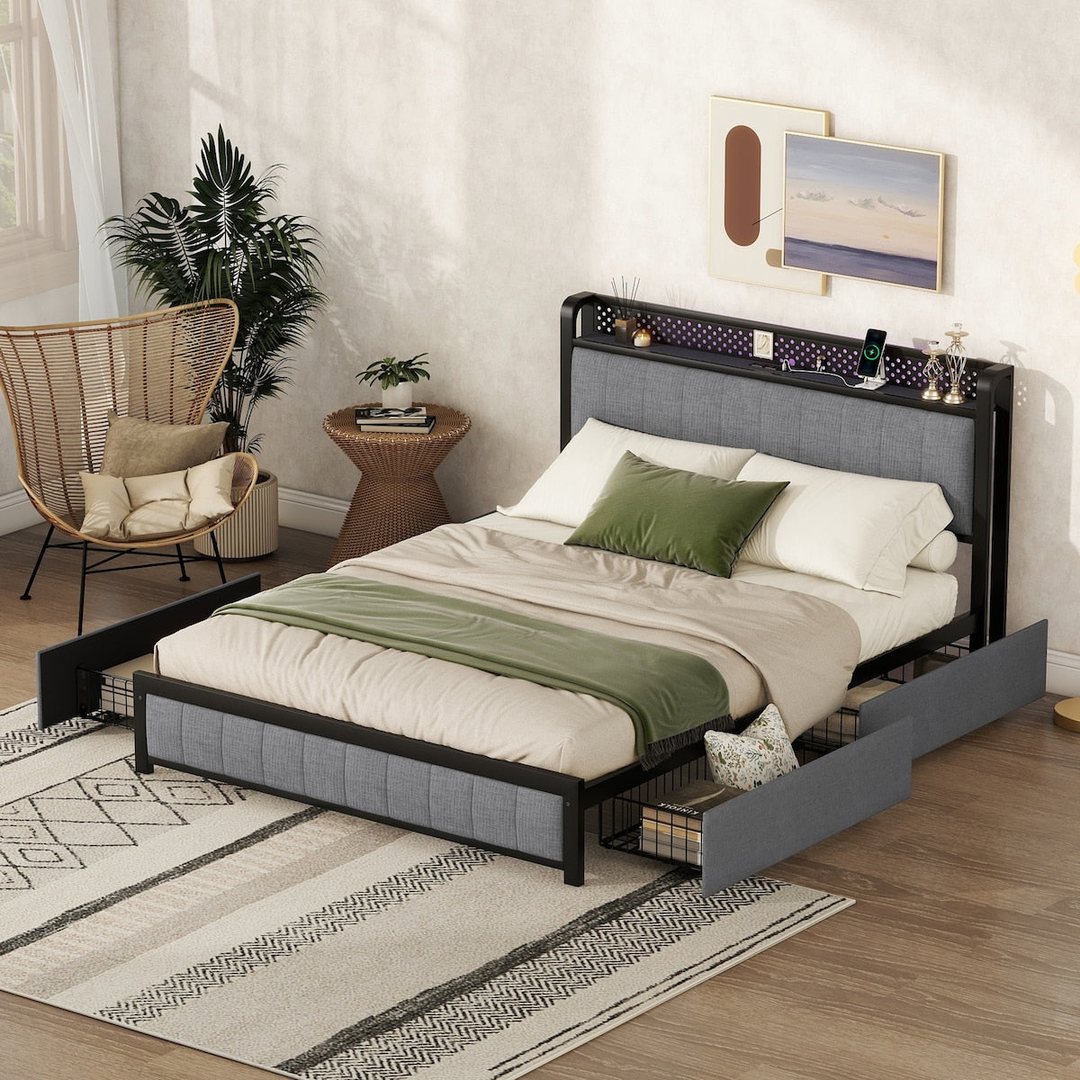 Queen Bed Frame with LED Headboard,4 Storage Drawers and USB Ports