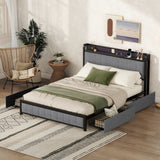 Queen Bed Frame with LED Headboard,4 Storage Drawers and USB Ports