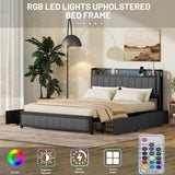 Queen Bed Frame with LED Headboard,4 Storage Drawers and USB Ports