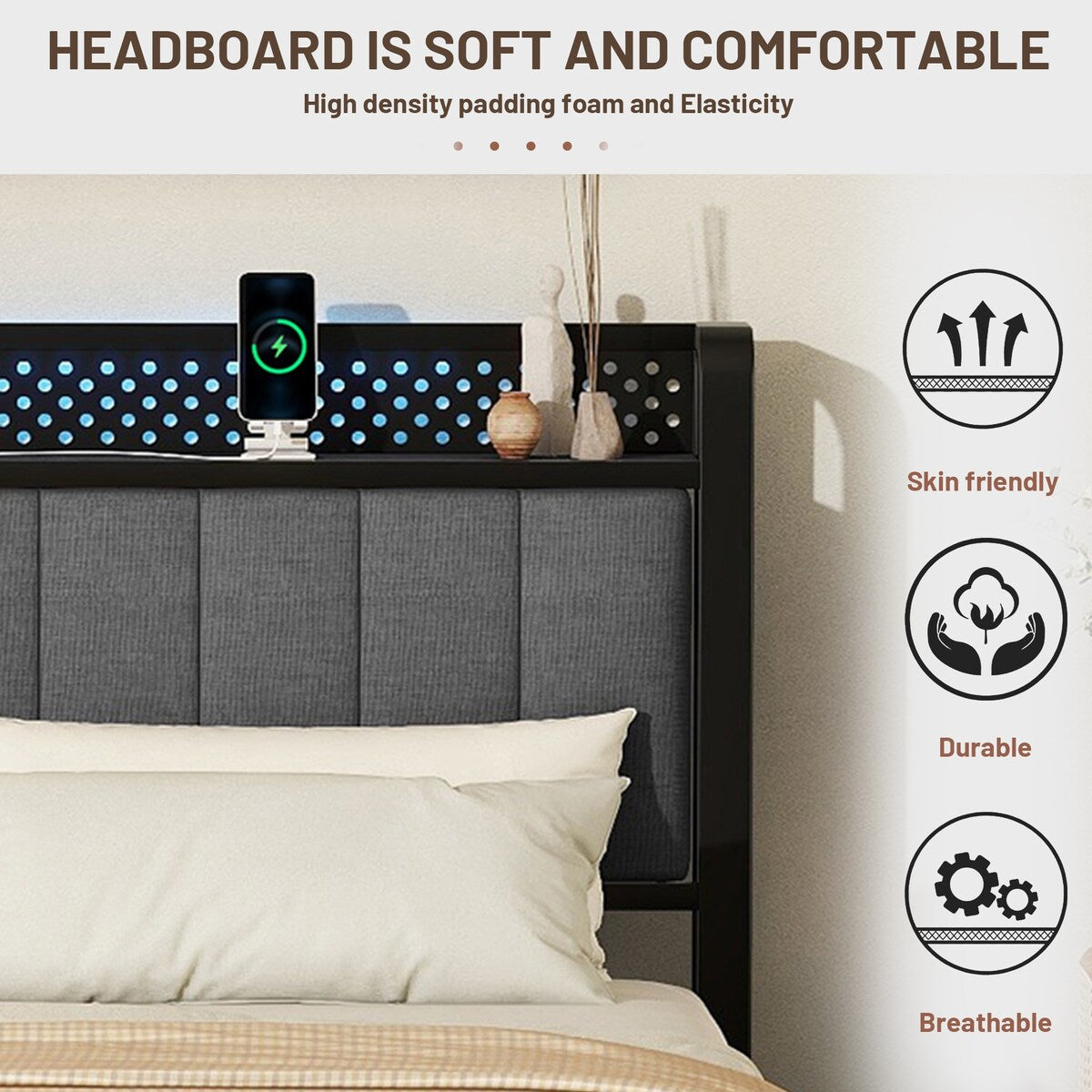 Queen Bed Frame with LED Headboard,4 Storage Drawers and USB Ports