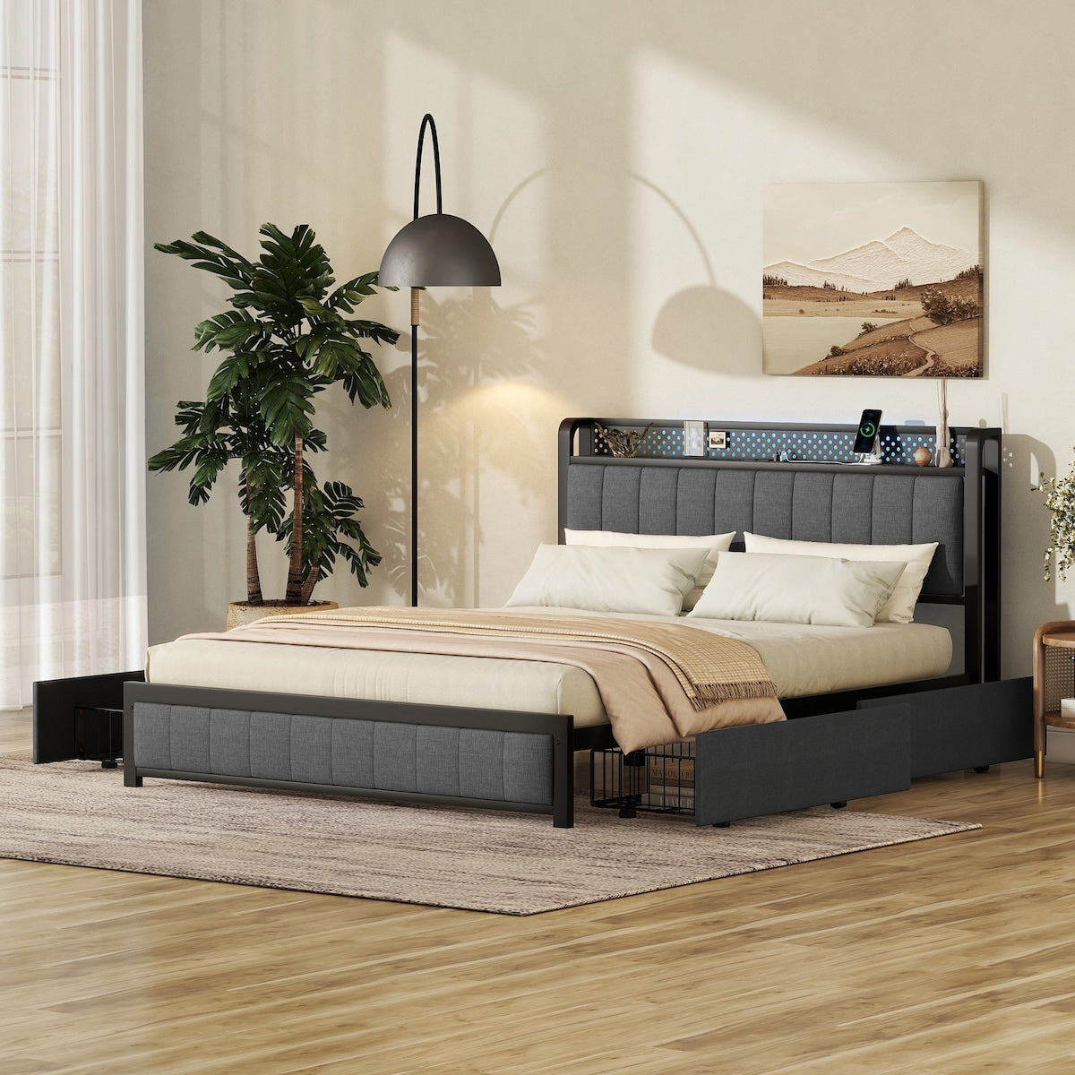 Queen Bed Frame with LED Headboard,4 Storage Drawers and USB Ports