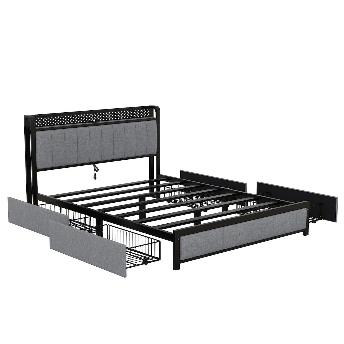 Queen Bed Frame with LED Headboard,4 Storage Drawers and USB Ports