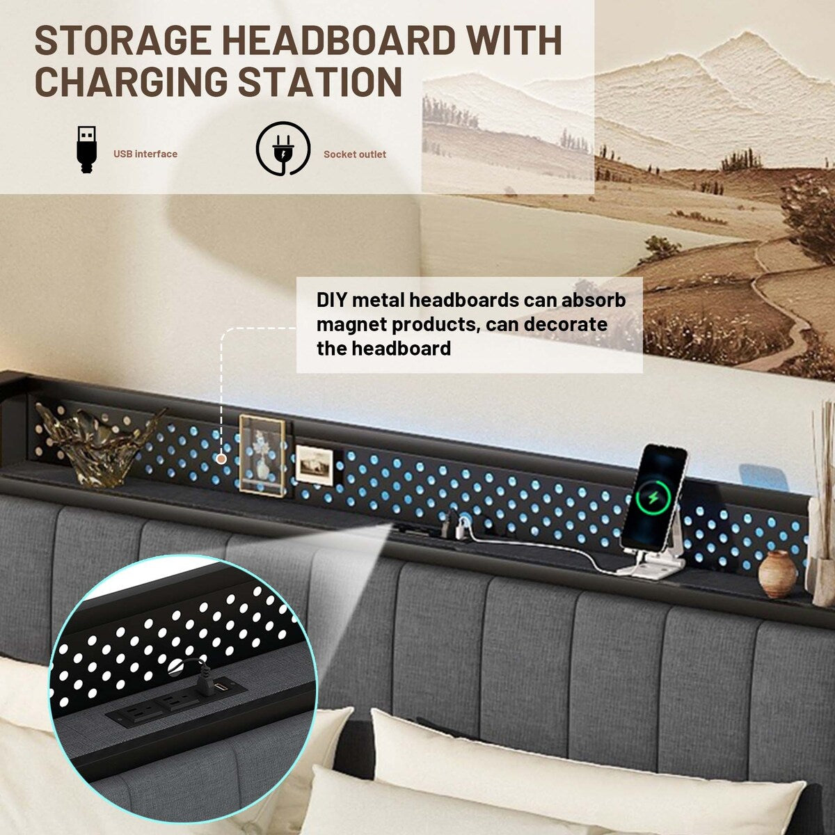 Queen Bed Frame with LED Headboard,4 Storage Drawers and USB Ports