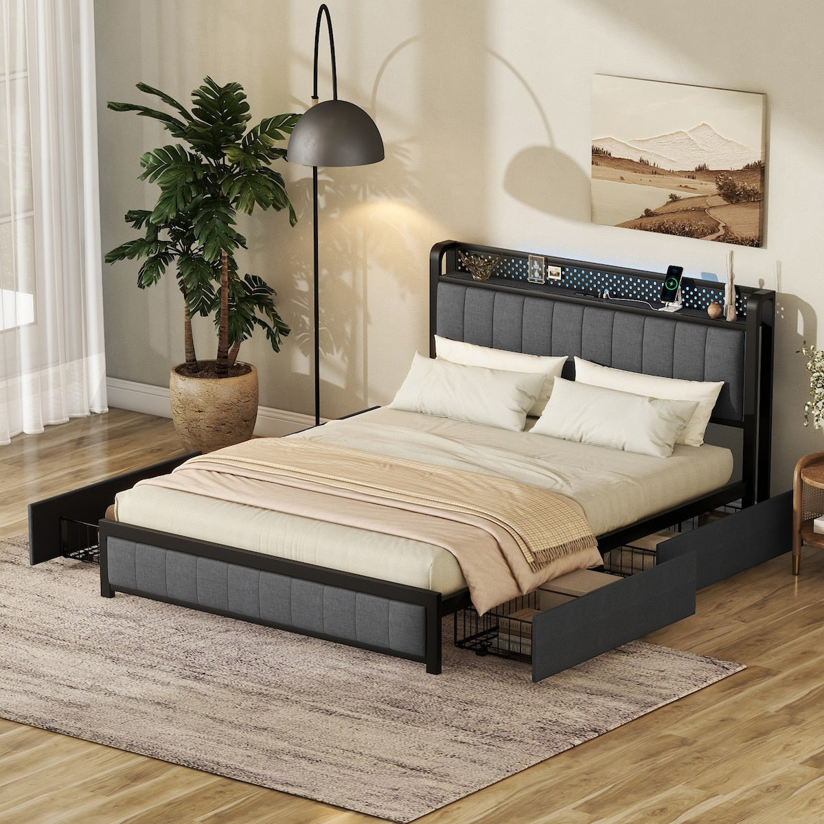 Queen Bed Frame with LED Headboard,4 Storage Drawers and USB Ports