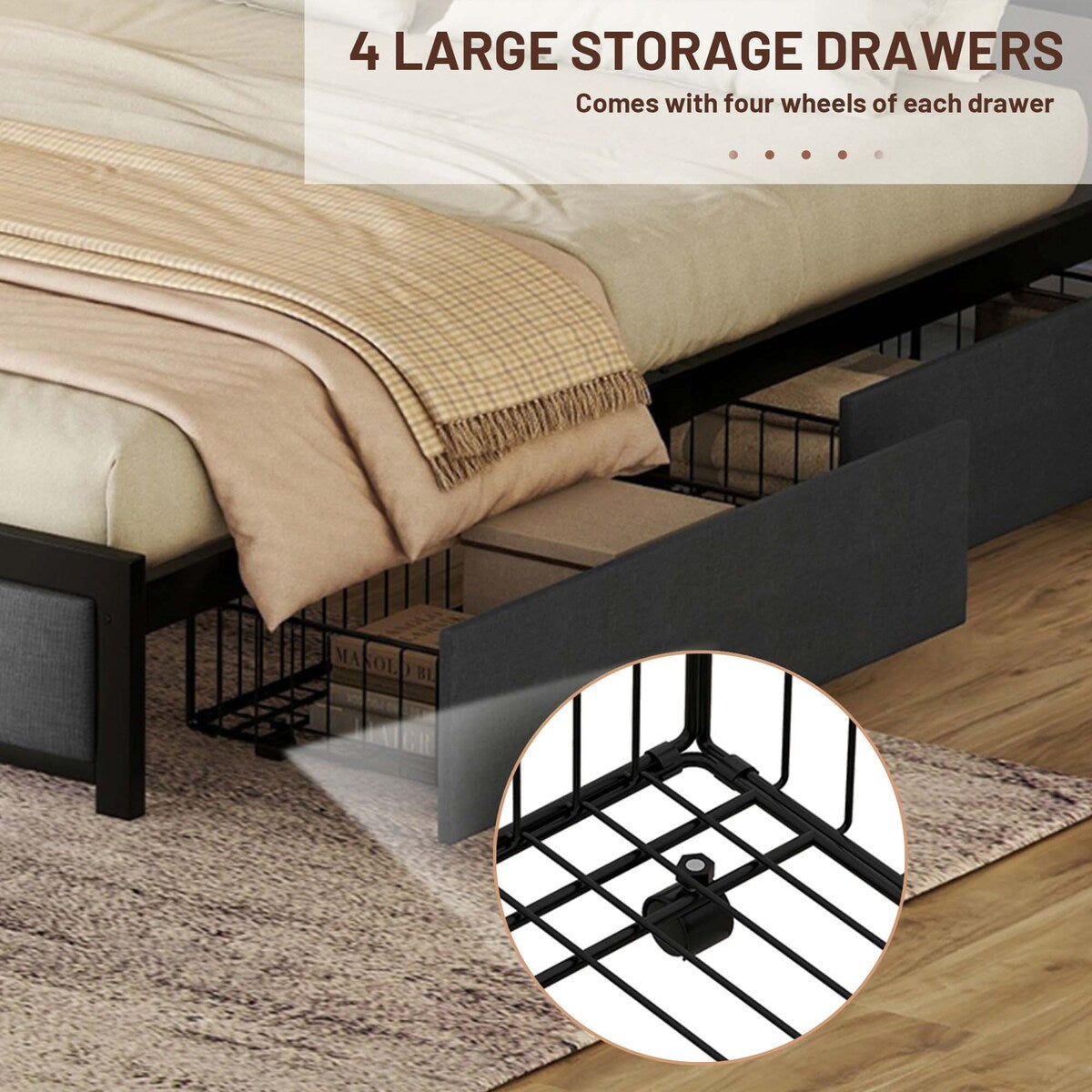 Queen Bed Frame with LED Headboard,4 Storage Drawers and USB Ports