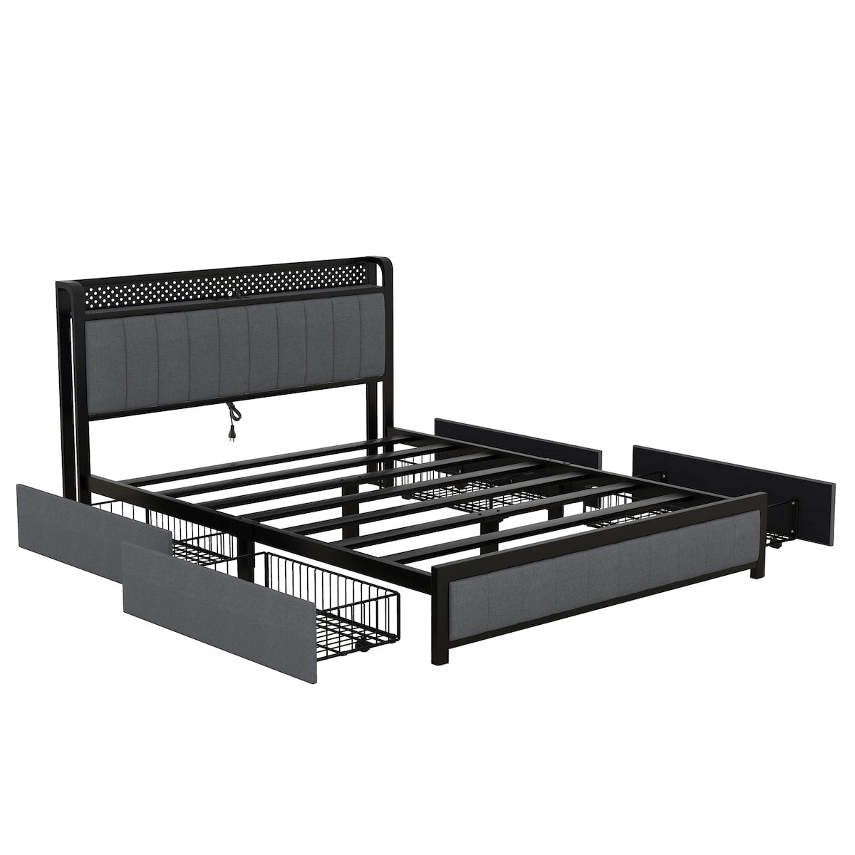 Queen Bed Frame with LED Headboard,4 Storage Drawers and USB Ports