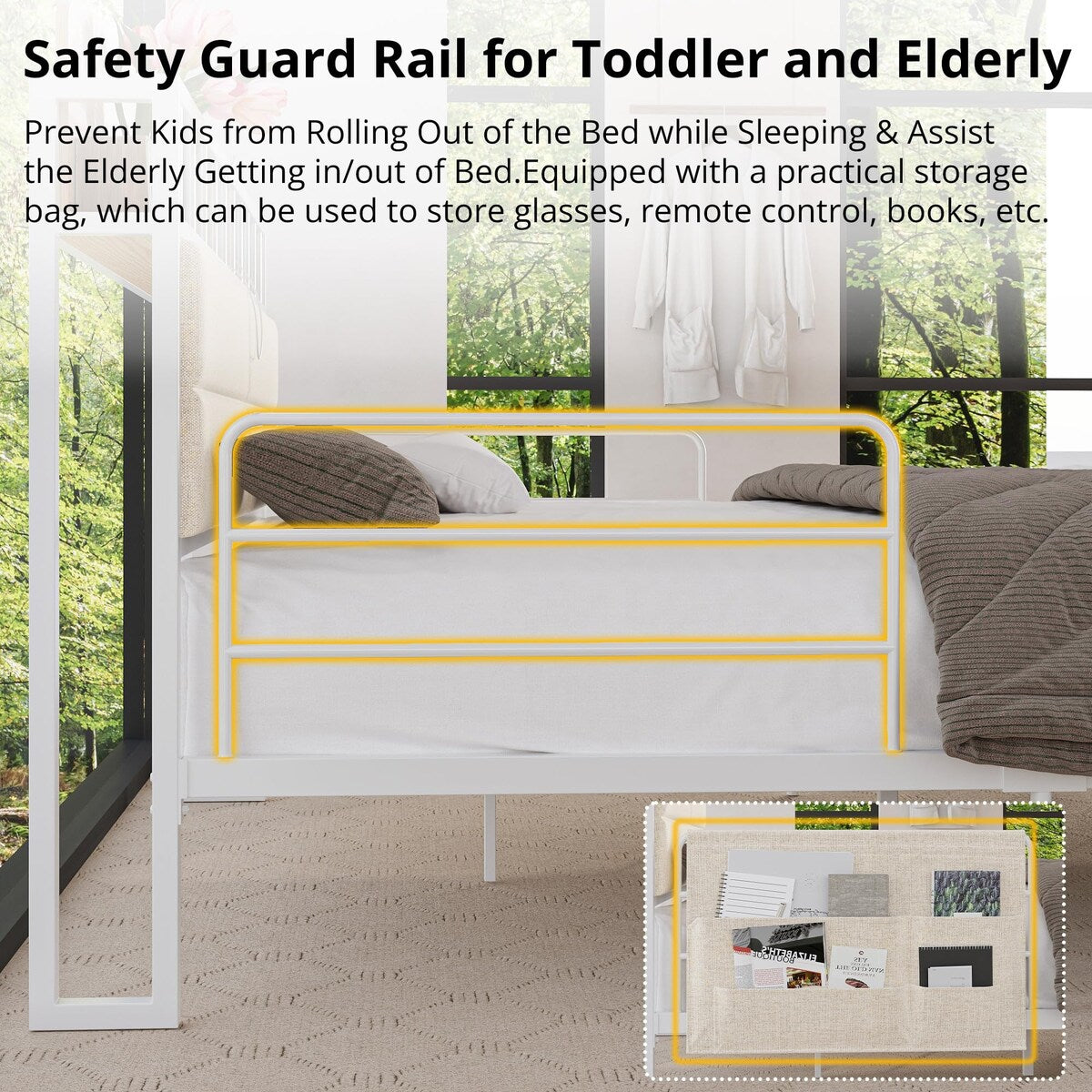 Queen Bed Frame, Guardrail & Caddy, Multifunctional Headboard with Charging, Metal Platform, Noise-free, No Box Spring