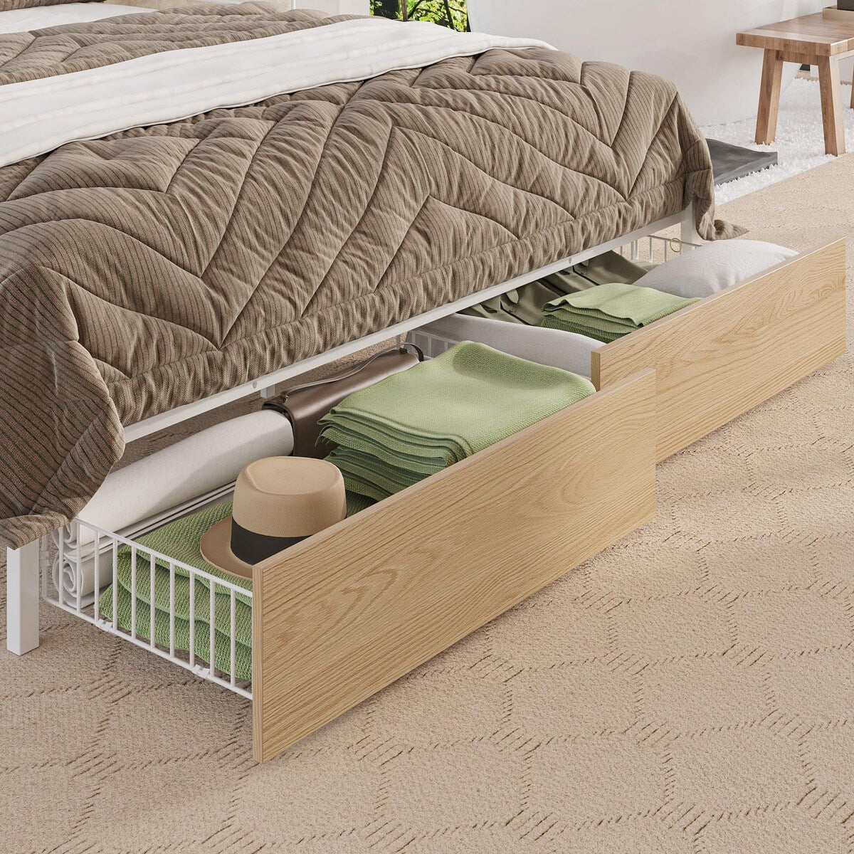 Queen Bed Frame, Guardrail & Caddy, Multifunctional Headboard with Charging, Metal Platform, Noise-free, No Box Spring