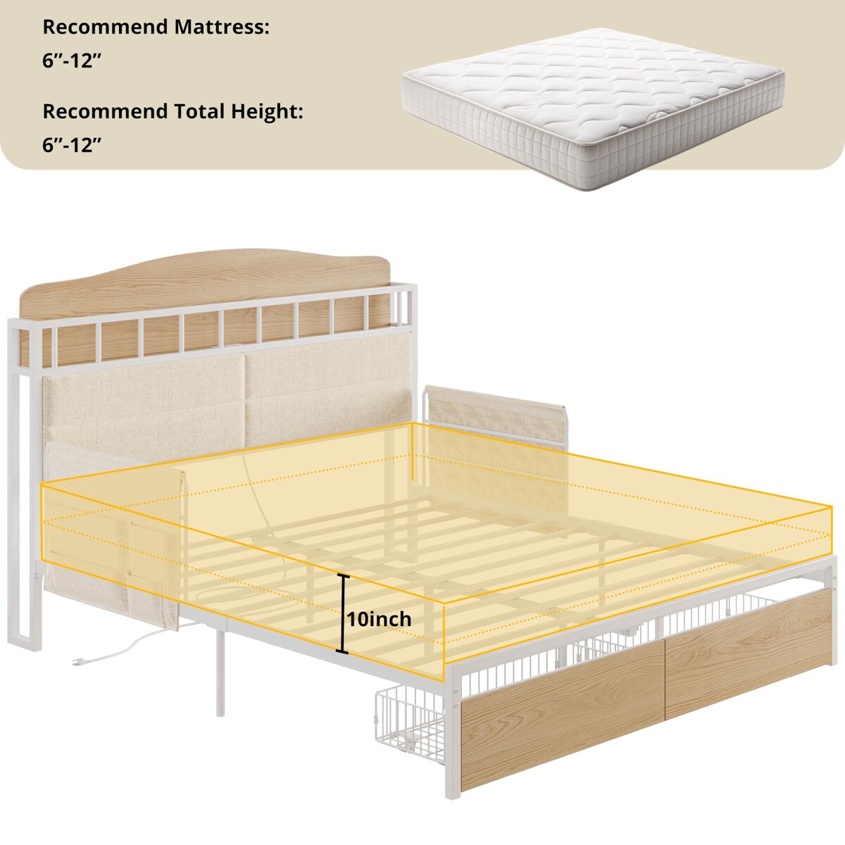 Queen Bed Frame, Guardrail & Caddy, Multifunctional Headboard with Charging, Metal Platform, Noise-free, No Box Spring