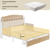 Queen Bed Frame, Guardrail & Caddy, Multifunctional Headboard with Charging, Metal Platform, Noise-free, No Box Spring