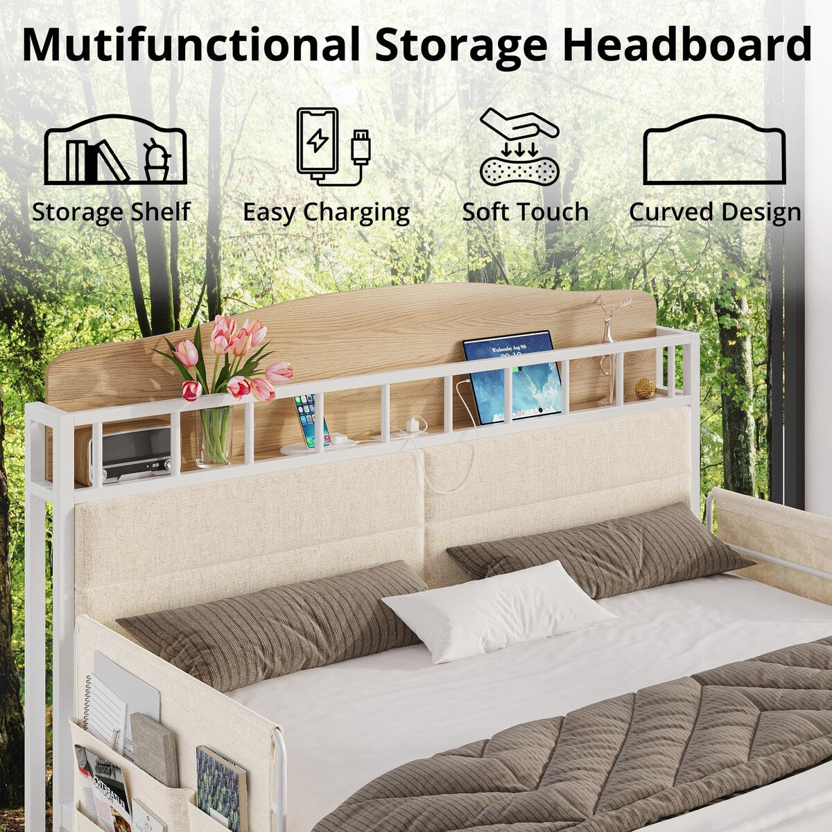 Queen Bed Frame, Guardrail & Caddy, Multifunctional Headboard with Charging, Metal Platform, Noise-free, No Box Spring