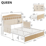 Queen Bed Frame, Guardrail & Caddy, Multifunctional Headboard with Charging, Metal Platform, Noise-free, No Box Spring