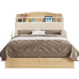 Queen Bed Frame, Guardrail & Caddy, Multifunctional Headboard with Charging, Metal Platform, Noise-free, No Box Spring