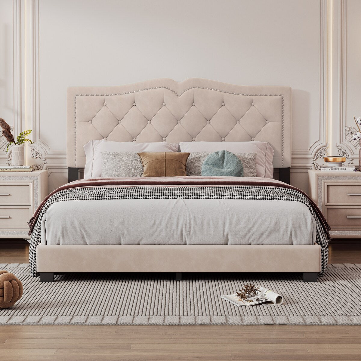 Queen/Full Size Upholstered Bed Frame with Rivet Design, Modern Velvet Platform Bed with Tufted Headboard