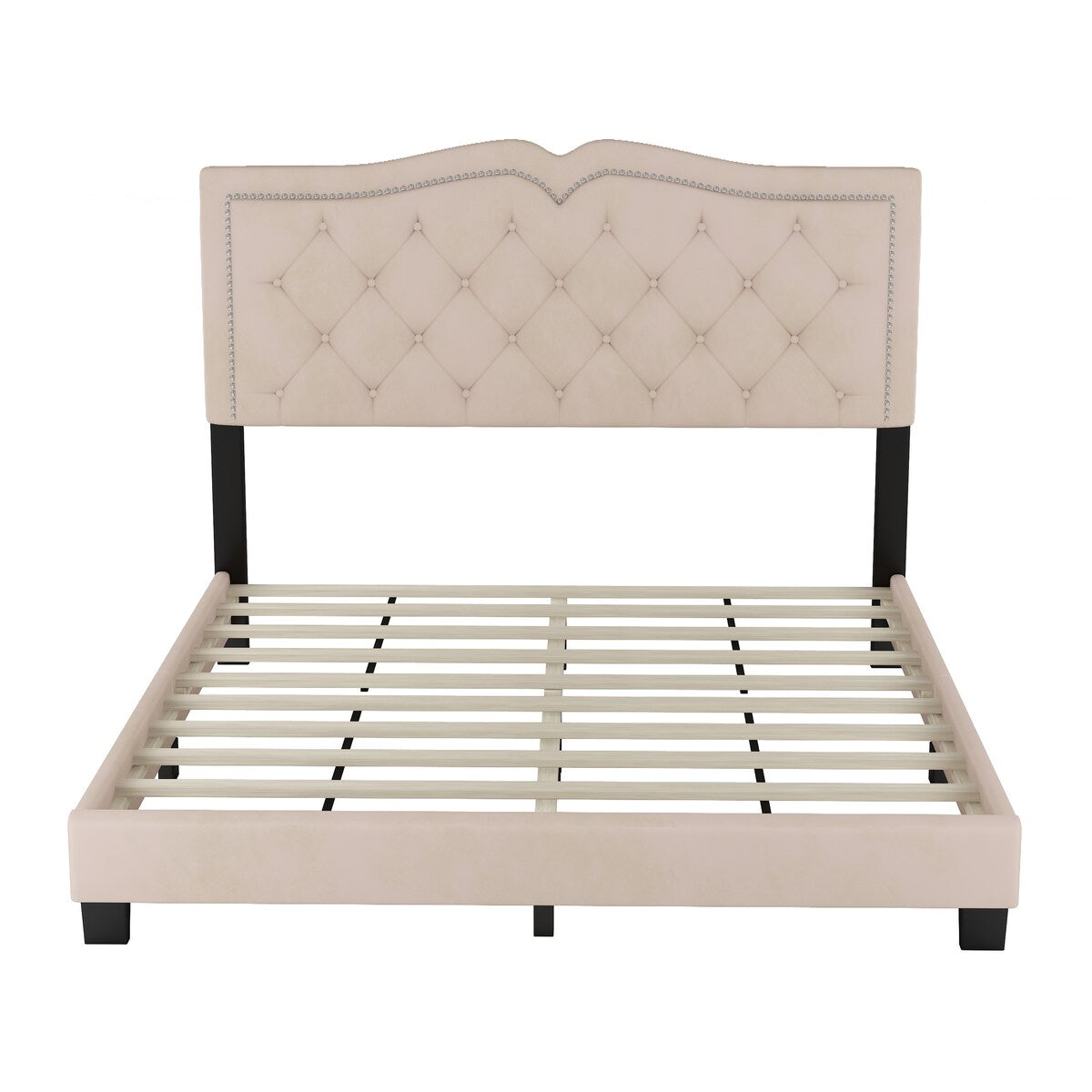 Queen/Full Size Upholstered Bed Frame with Rivet Design, Modern Velvet Platform Bed with Tufted Headboard