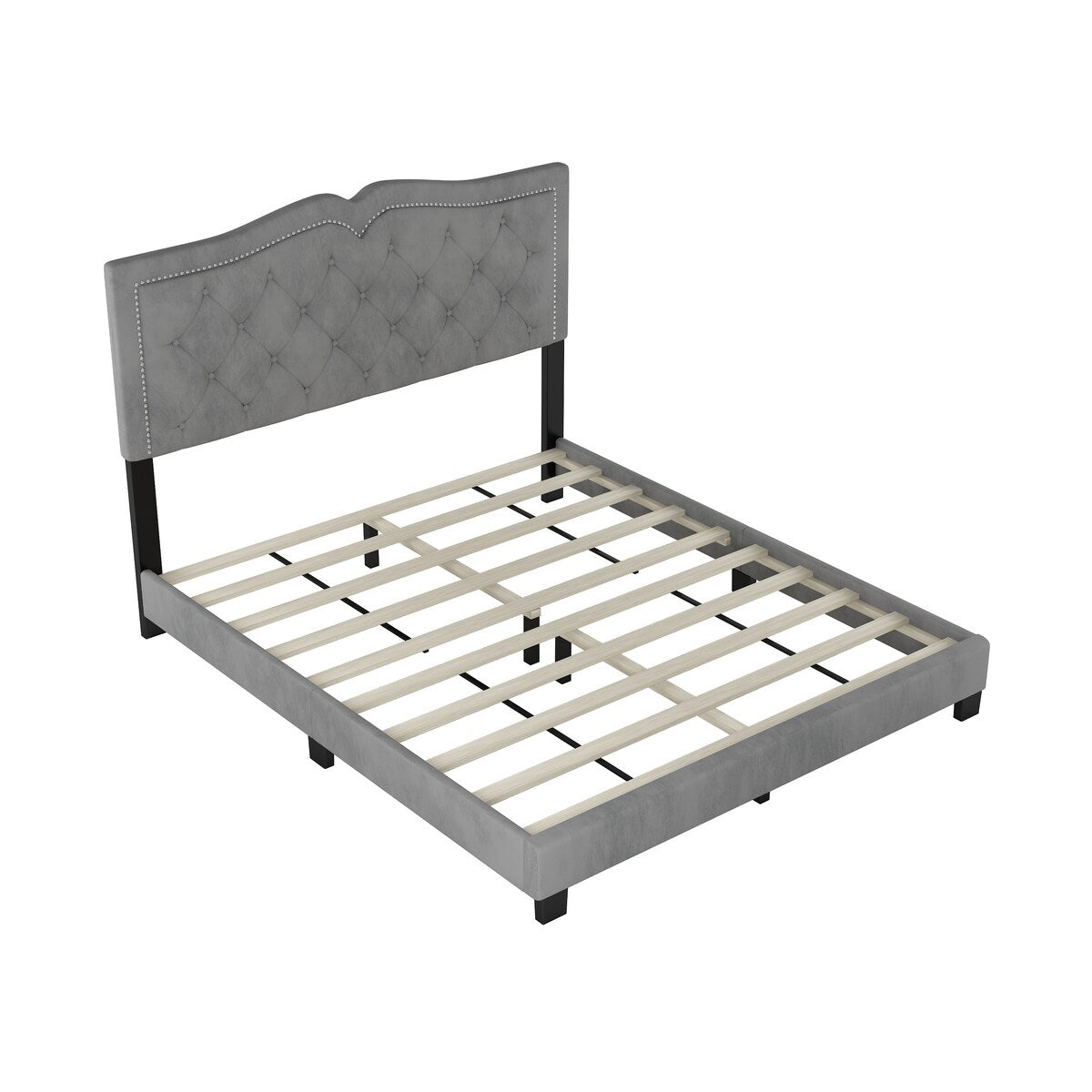 Queen/Full Size Upholstered Bed Frame with Rivet Design, Modern Velvet Platform Bed with Tufted Headboard
