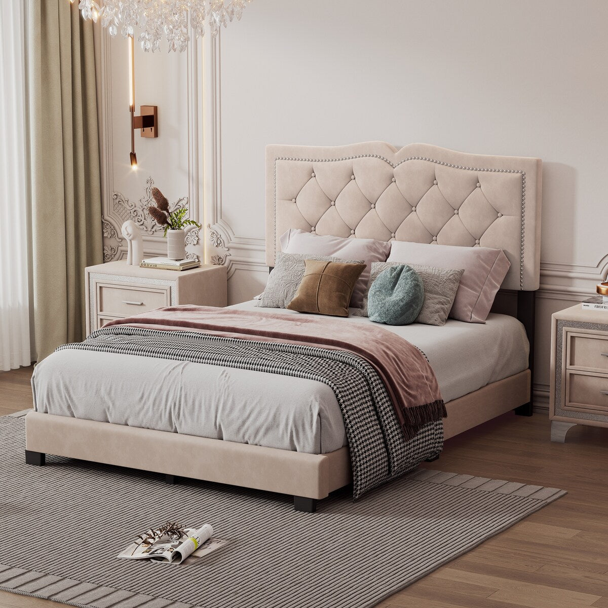 Queen/Full Size Upholstered Bed Frame with Rivet Design, Modern Velvet Platform Bed with Tufted Headboard