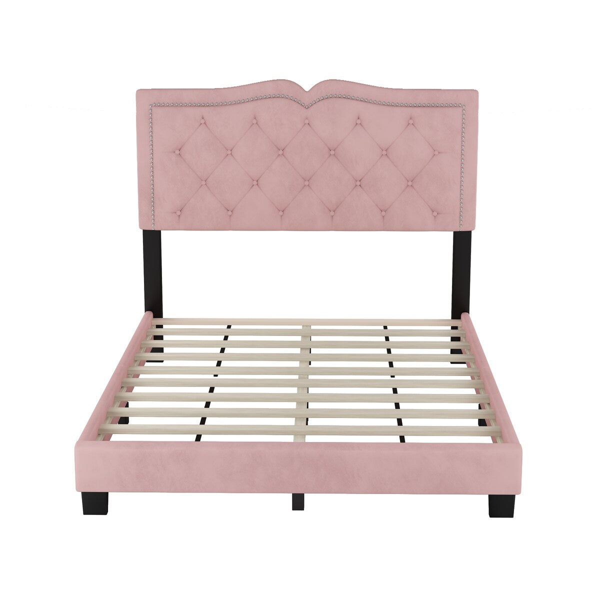 Queen/Full Size Upholstered Bed Frame with Rivet Design, Modern Velvet Platform Bed with Tufted Headboard