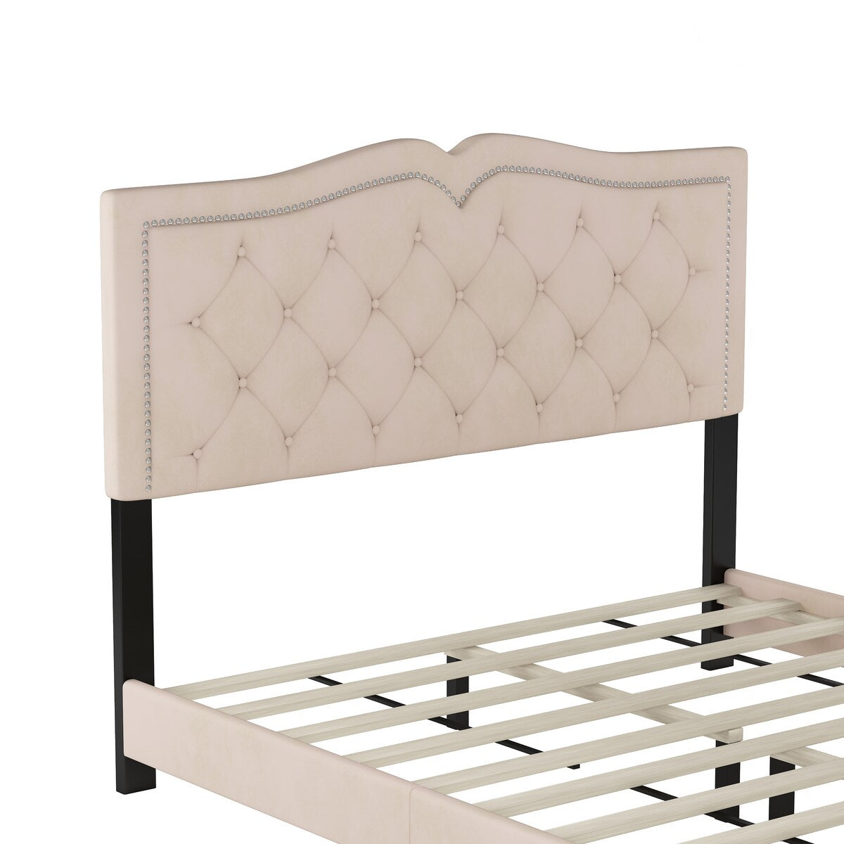 Queen/Full Size Upholstered Bed Frame with Rivet Design, Modern Velvet Platform Bed with Tufted Headboard