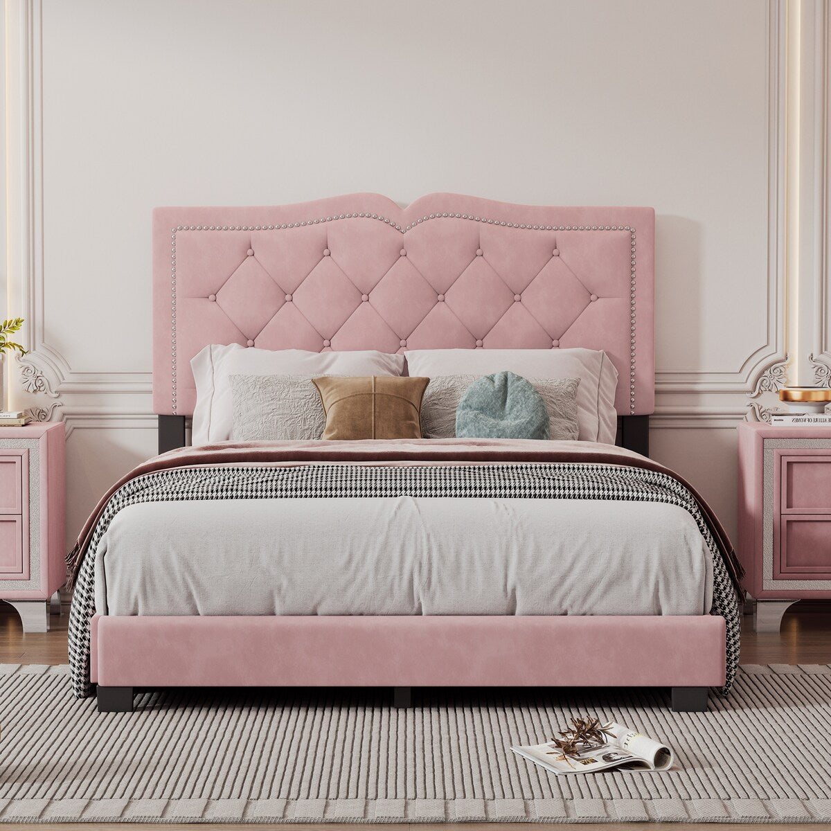 Queen/Full Size Upholstered Bed Frame with Rivet Design, Modern Velvet Platform Bed with Tufted Headboard