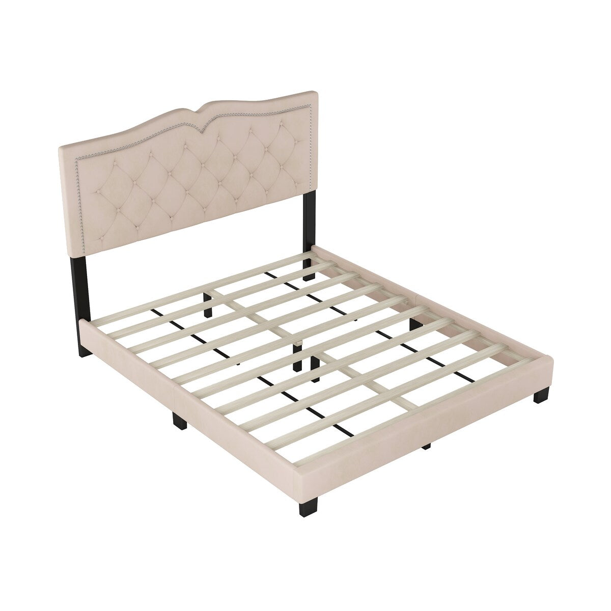 Queen/Full Size Upholstered Bed Frame with Rivet Design, Modern Velvet Platform Bed with Tufted Headboard