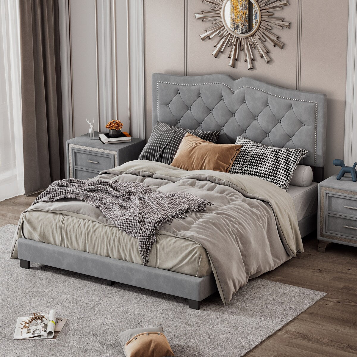 Queen/Full Size Upholstered Bed Frame with Rivet Design, Modern Velvet Platform Bed with Tufted Headboard