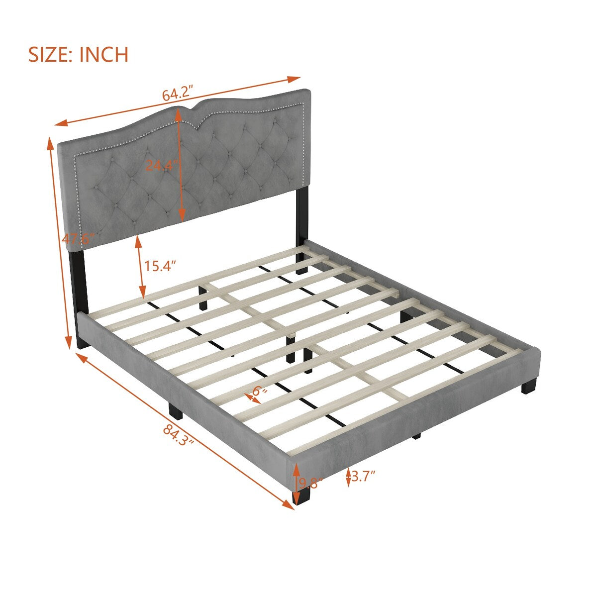 Queen/Full Size Upholstered Bed Frame with Rivet Design, Modern Velvet Platform Bed with Tufted Headboard