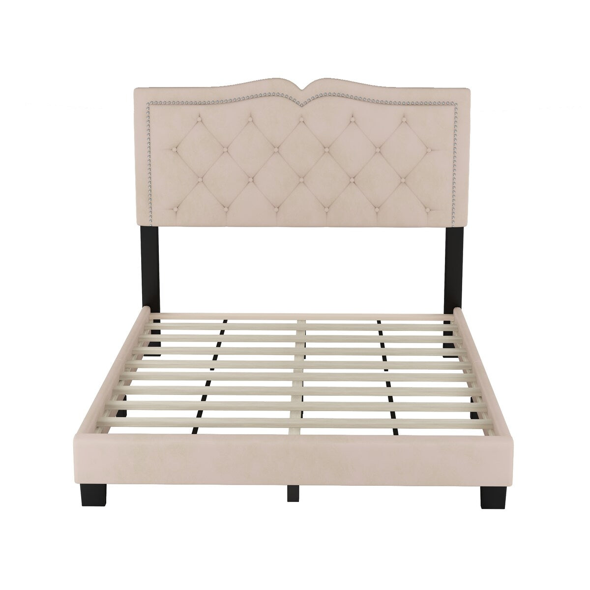 Queen/Full Size Upholstered Bed Frame with Rivet Design, Modern Velvet Platform Bed with Tufted Headboard