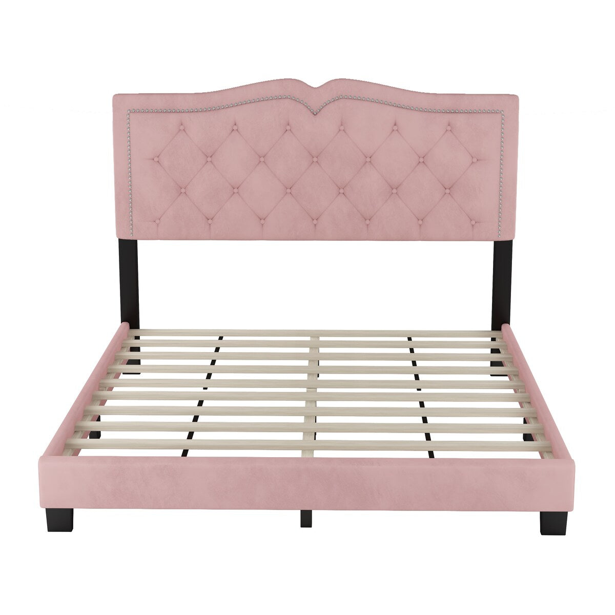 Queen/Full Size Upholstered Bed Frame with Rivet Design, Modern Velvet Platform Bed with Tufted Headboard