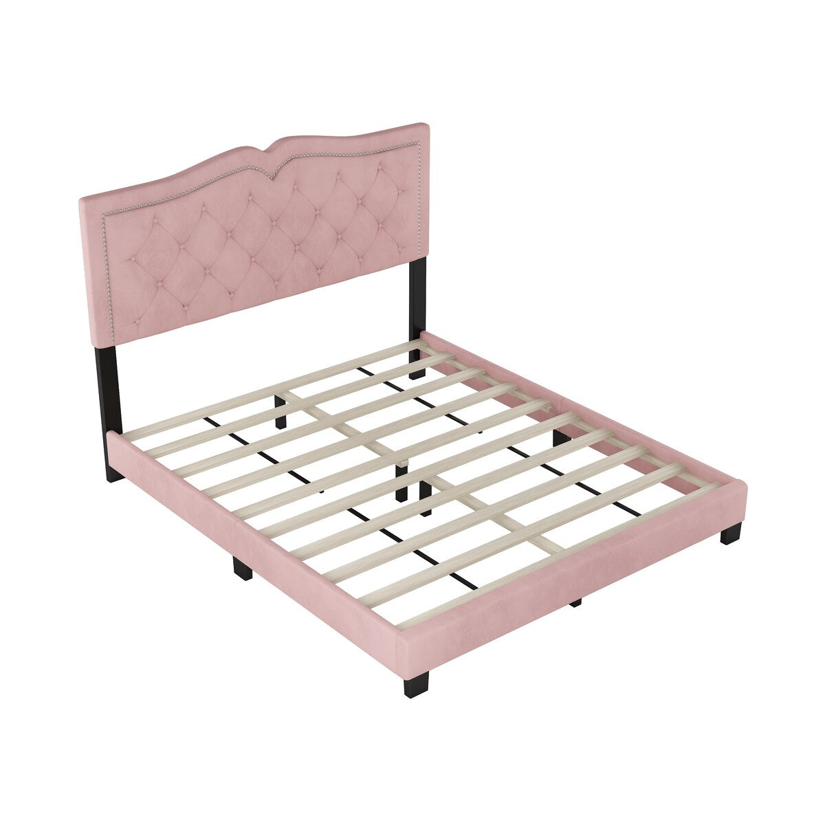 Queen/Full Size Upholstered Bed Frame with Rivet Design, Modern Velvet Platform Bed with Tufted Headboard