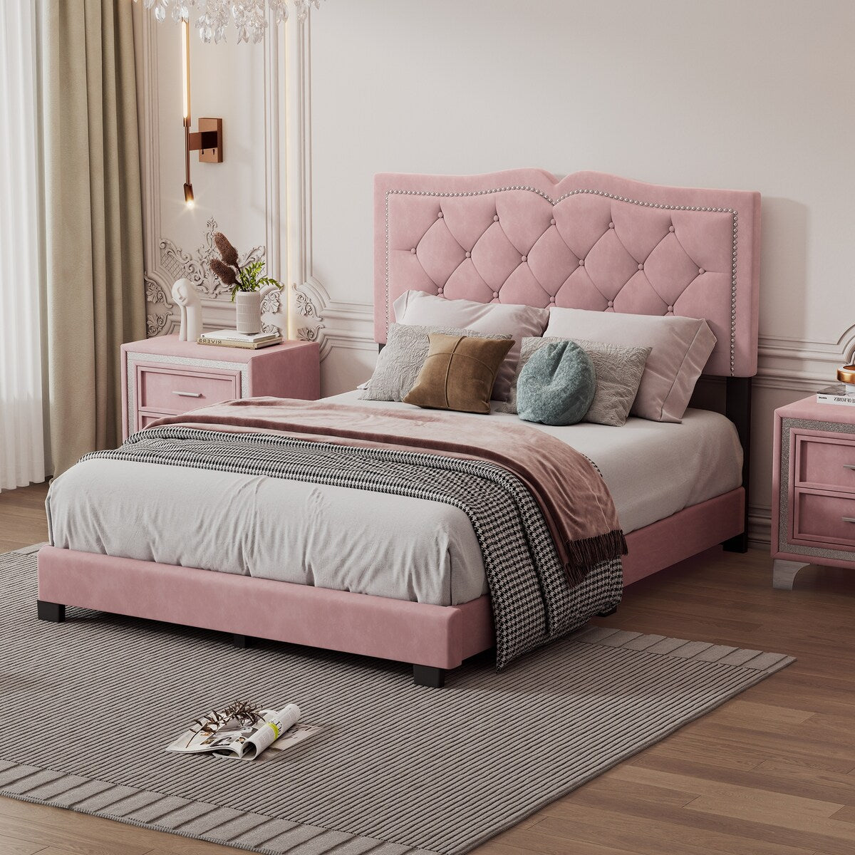 Queen/Full Size Upholstered Bed Frame with Rivet Design, Modern Velvet Platform Bed with Tufted Headboard