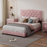 Queen/Full Size Upholstered Bed Frame with Rivet Design, Modern Velvet Platform Bed with Tufted Headboard