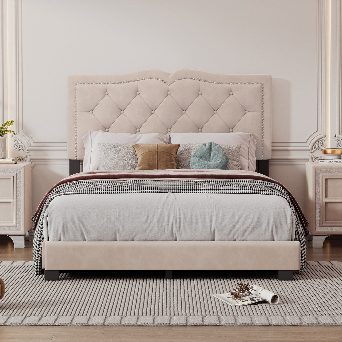 Queen/Full Size Upholstered Bed Frame with Rivet Design, Modern Velvet Platform Bed with Tufted Headboard
