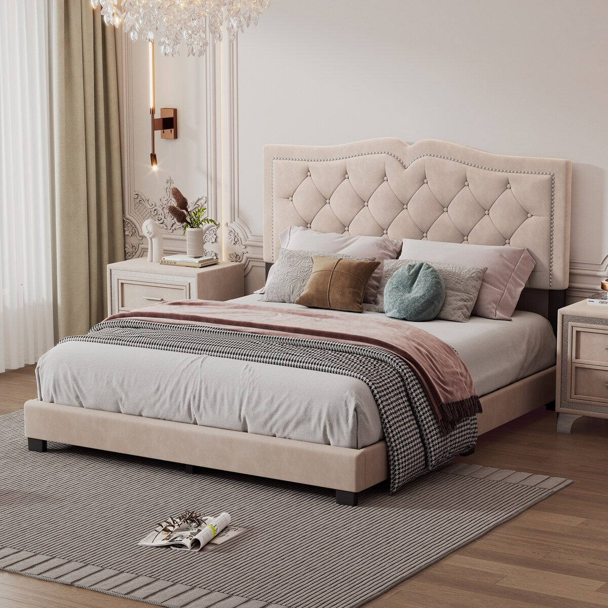 Queen/Full Size Upholstered Bed Frame with Rivet Design, Modern Velvet Platform Bed with Tufted Headboard