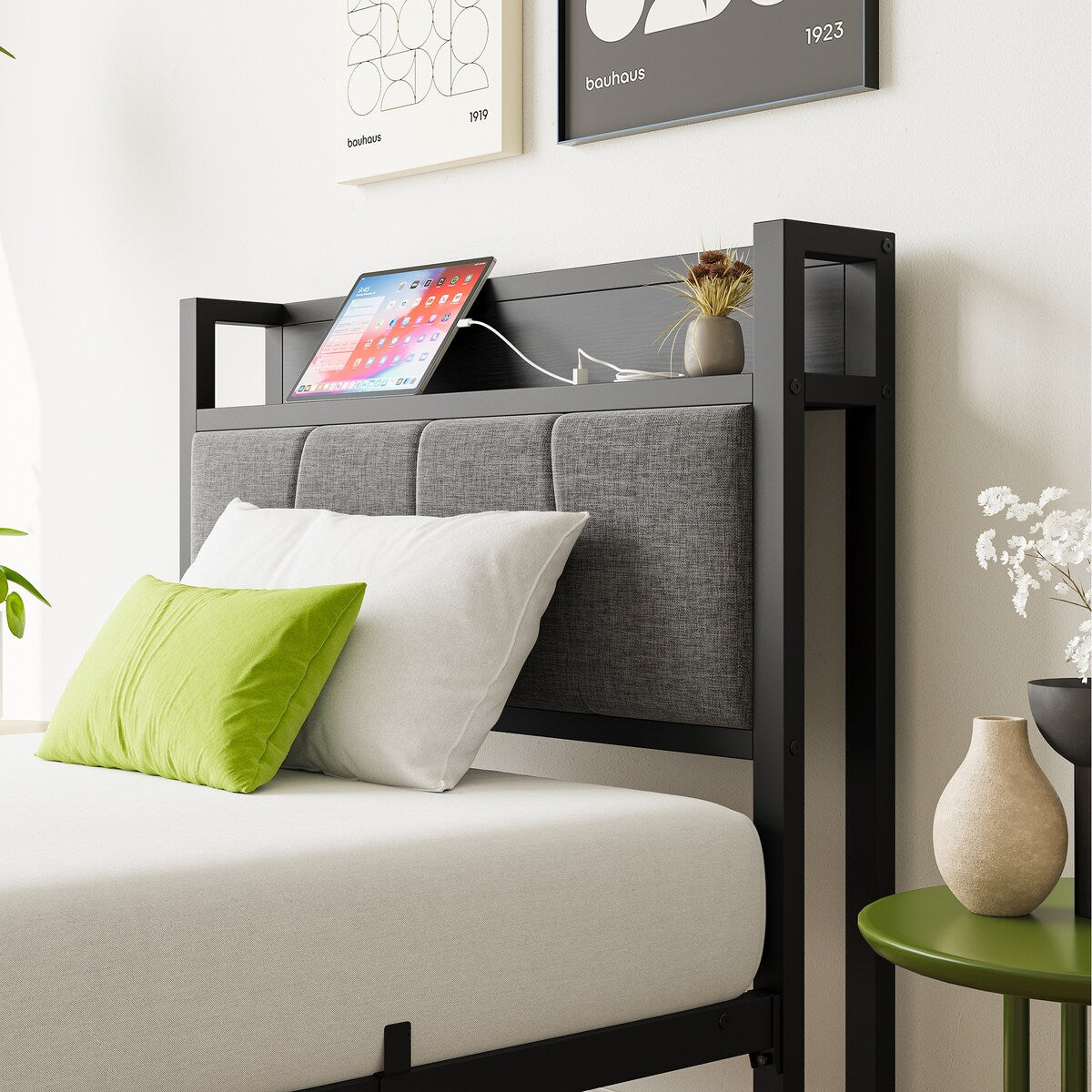 Queen/Full/Twin Size Bed Frame with Storage Headboard and Charging Station, Noise Free