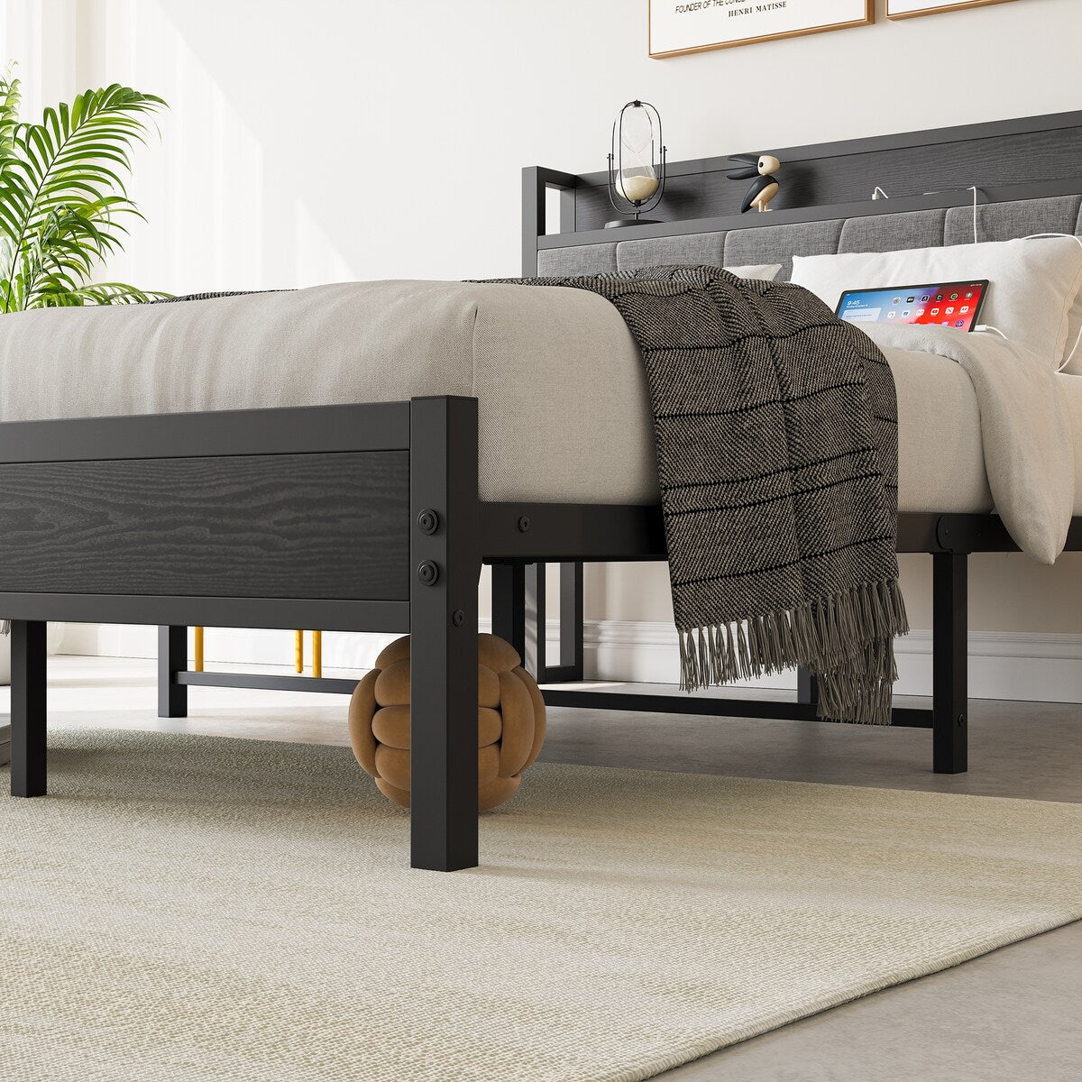 Queen/Full/Twin Size Bed Frame with Storage Headboard and Charging Station, Noise Free
