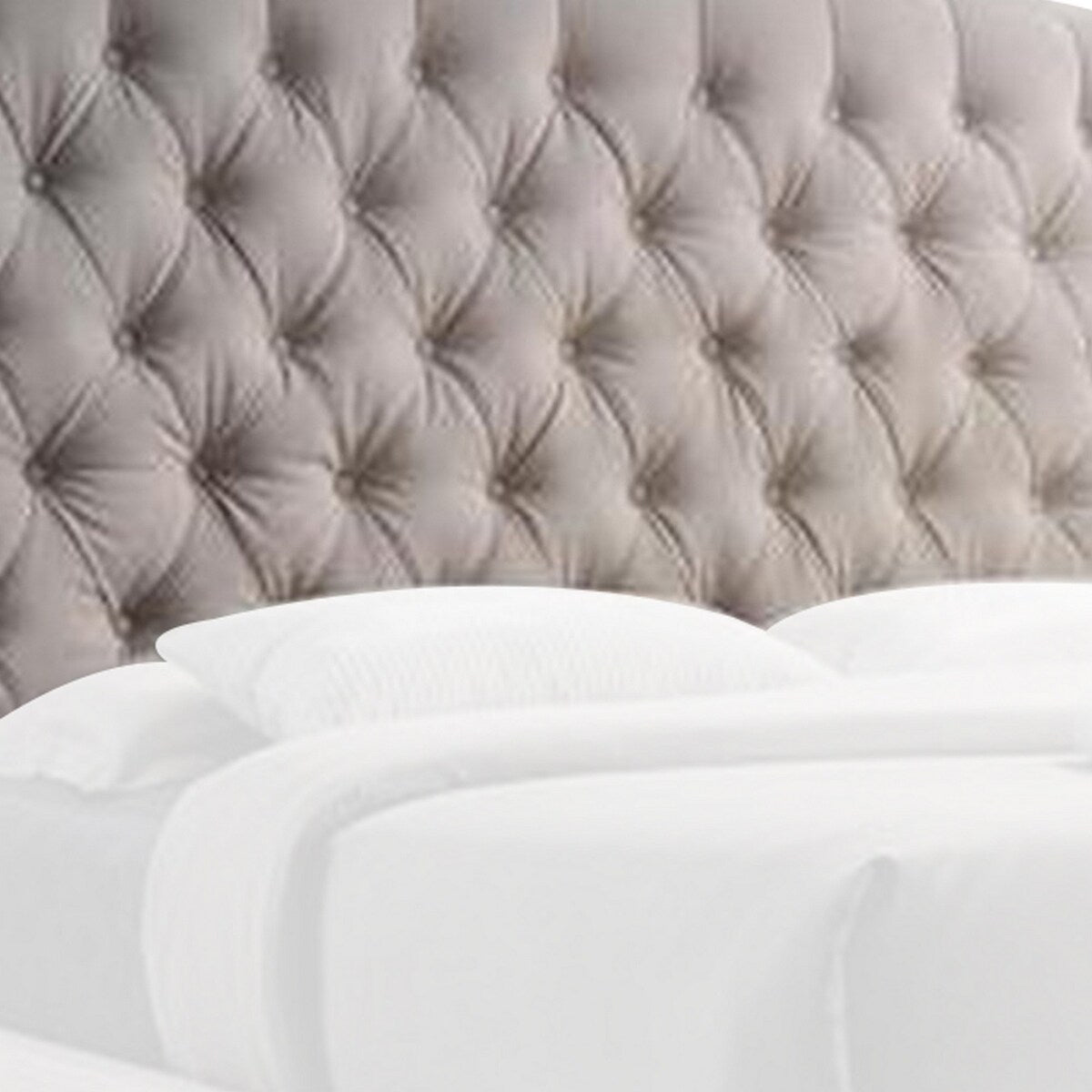 Queen Headboard with Fabric Button Tufting and Wingback, Beige