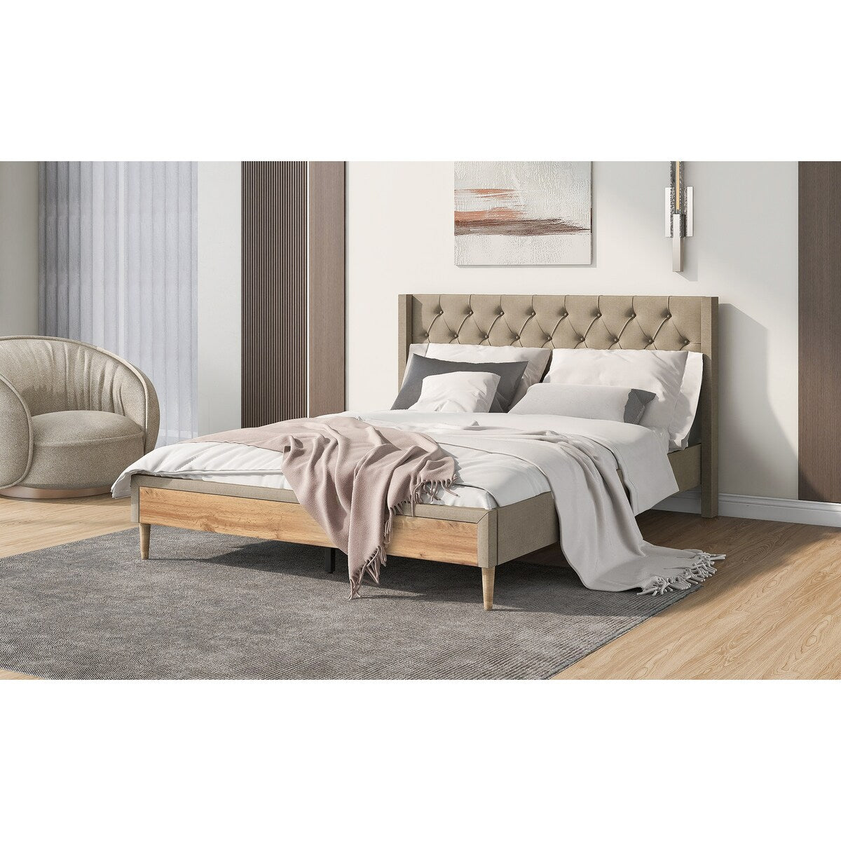 Queen Linen Upholstered Bed Frame with Button Tufted Headboard & Rubber Wood Legs
