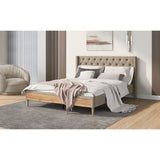 Queen Linen Upholstered Bed Frame with Button Tufted Headboard & Rubber Wood Legs