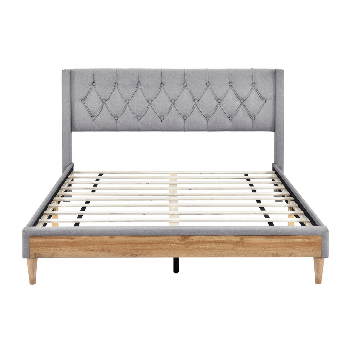 Queen Linen Upholstered Bed Frame with Button Tufted Headboard & Rubber Wood Legs