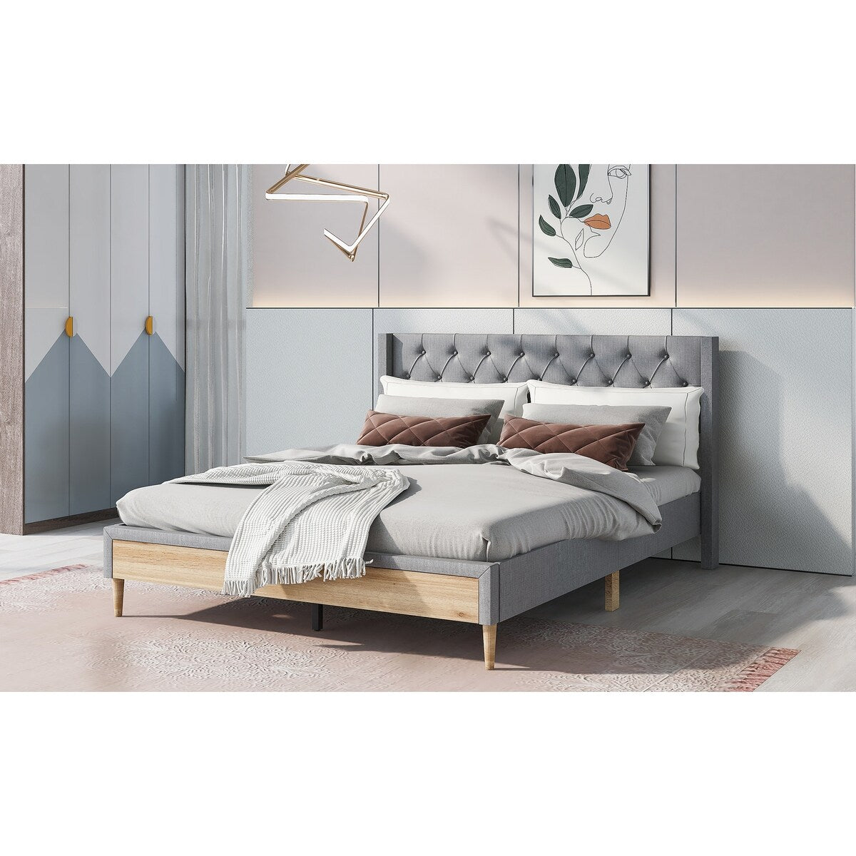Queen Linen Upholstered Bed Frame with Button Tufted Headboard & Rubber Wood Legs