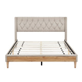 Queen Linen Upholstered Bed Frame with Button Tufted Headboard & Rubber Wood Legs
