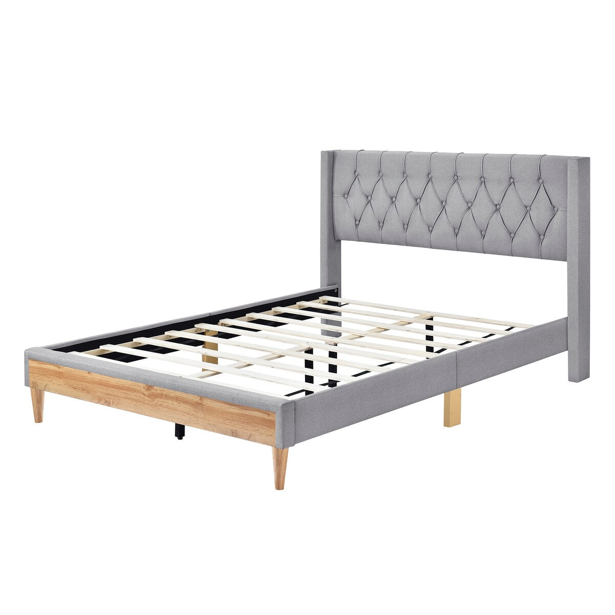 Queen Linen Upholstered Bed Frame with Button Tufted Headboard & Rubber Wood Legs