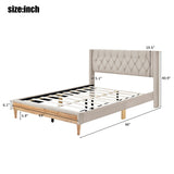 Queen Linen Upholstered Bed Frame with Button Tufted Headboard & Rubber Wood Legs