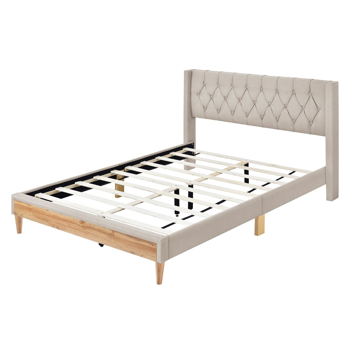 Queen Linen Upholstered Bed Frame with Button Tufted Headboard & Rubber Wood Legs