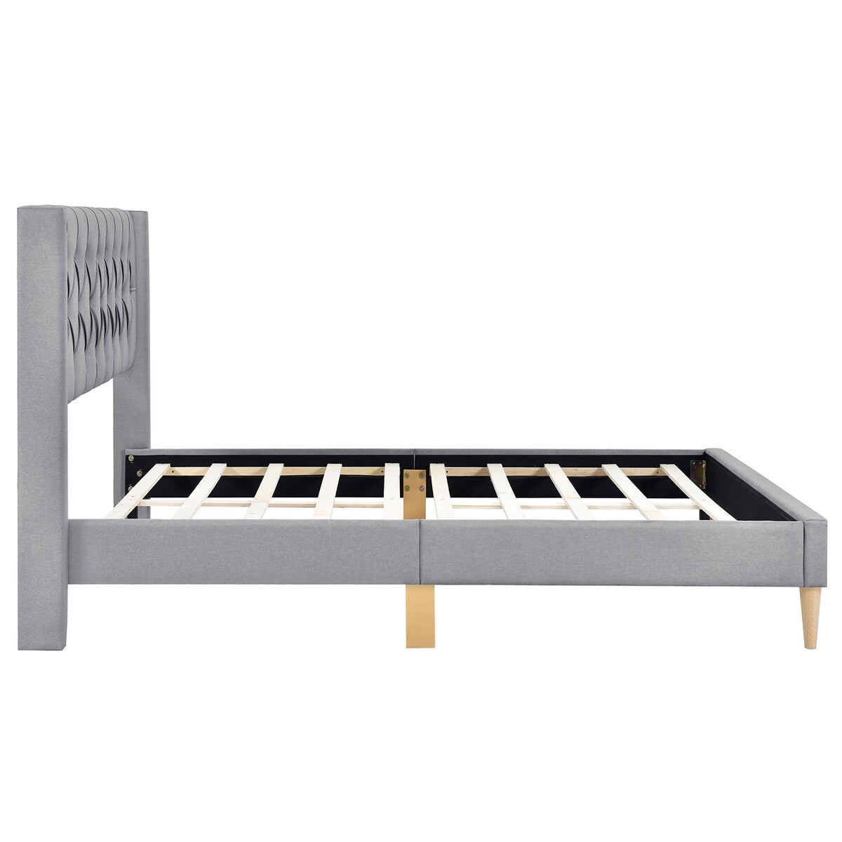 Queen Linen Upholstered Bed Frame with Button Tufted Headboard & Rubber Wood Legs
