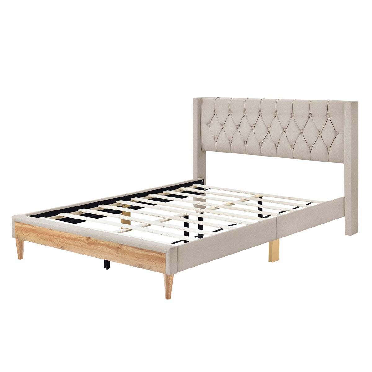 Queen Linen Upholstered Bed Frame with Button Tufted Headboard & Rubber Wood Legs